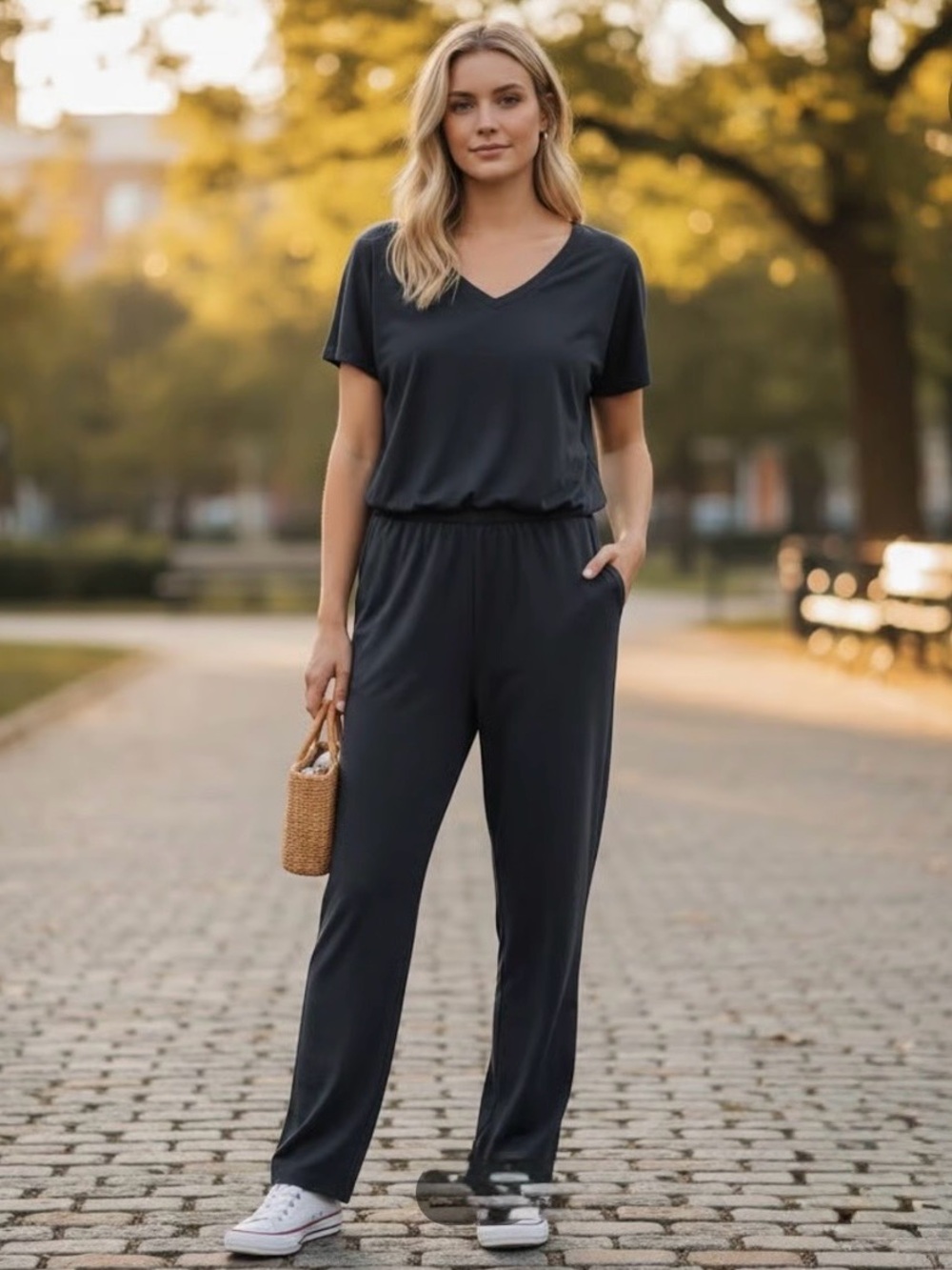 CAbi Black Short-Sleeve V-Neck Jumpsuit